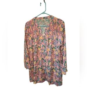 Kim Rogers Pink Floral Boho Tunic Top Waffled 3/4 Sleeve Coastal Spring Hippie